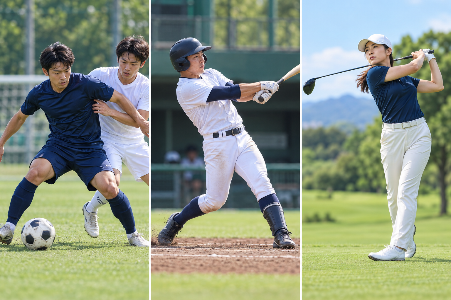 サッカーの競り合い、野球の打撃、ゴルフのスイングで身体の軸を意識するイメージ