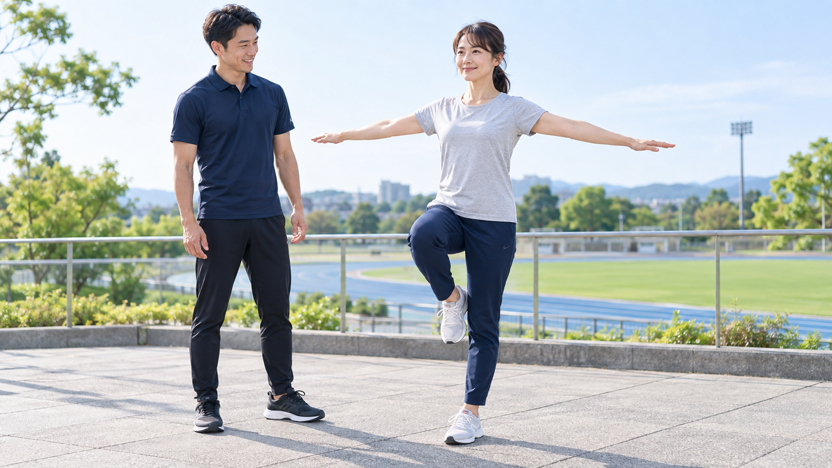 スタッフと片脚立ちで身体の動きを確認する女性