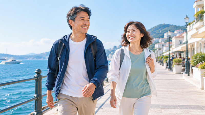 海沿いで旅行を楽しむ40代の男女