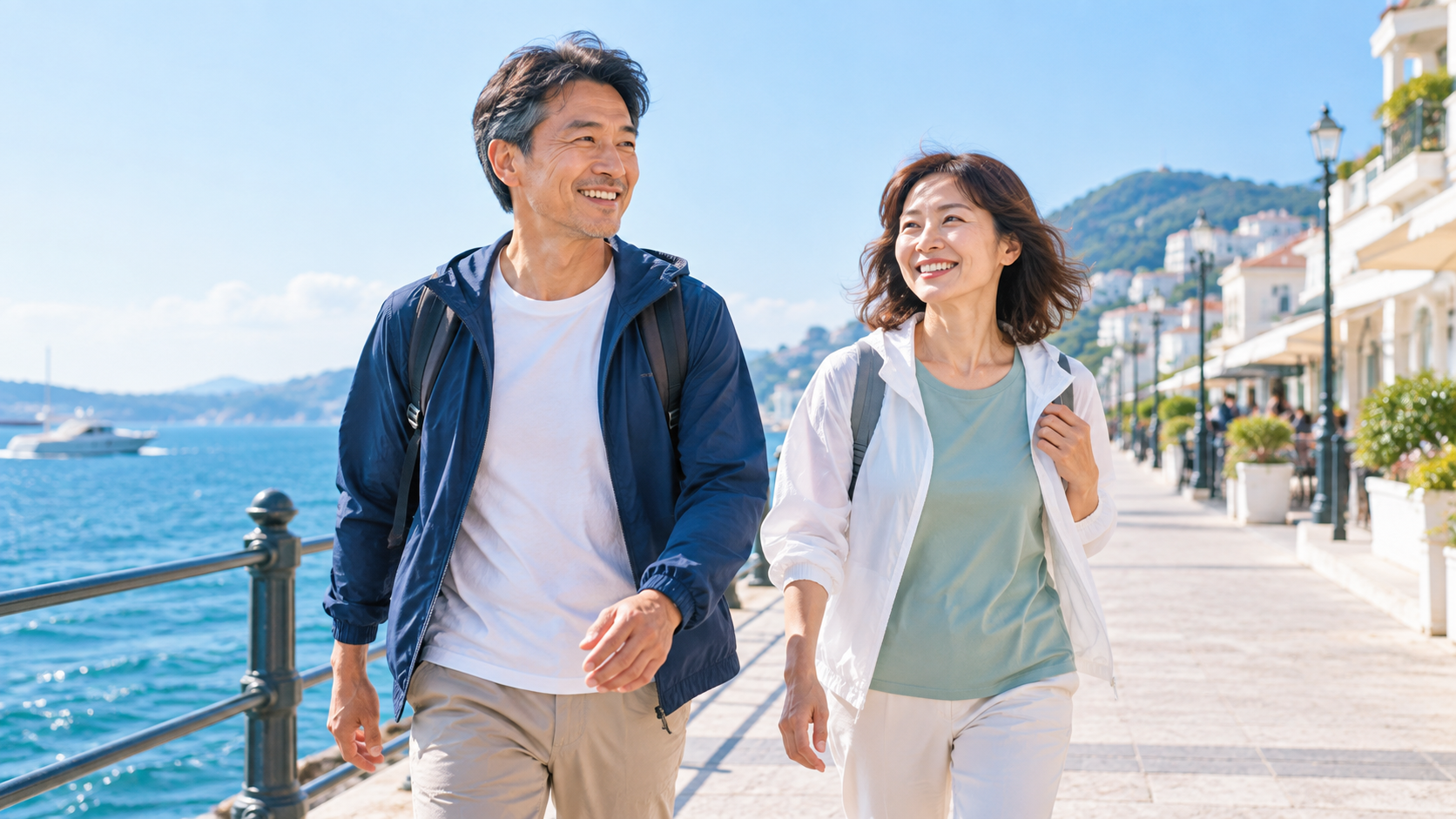 海沿いで旅行を楽しむ40代の男女