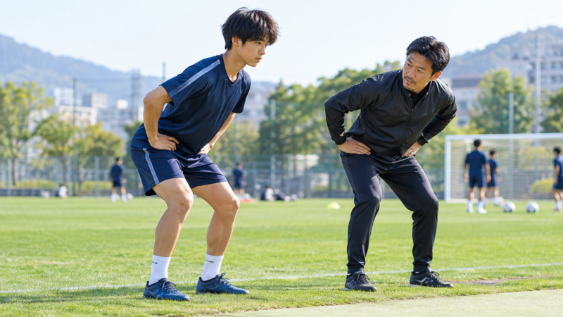 コーチと股関節を使う動きを確認するサッカー選手