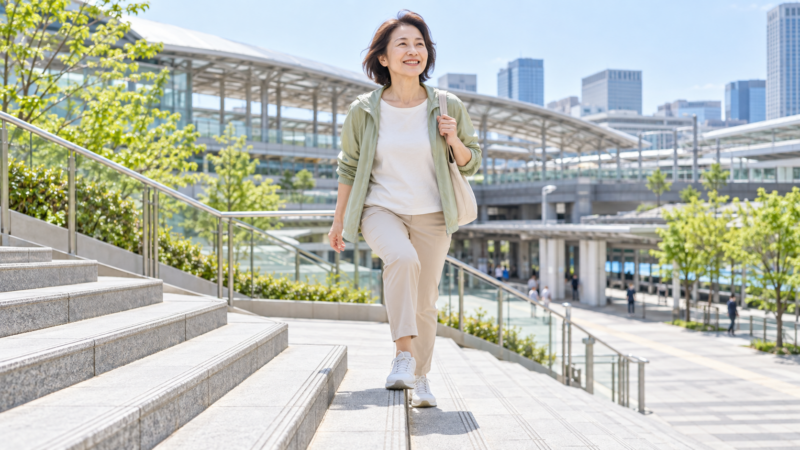 駅の階段を笑顔で上がる女性
