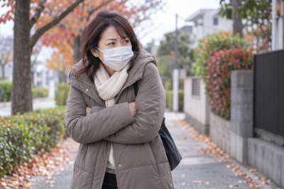 寒い屋外でマスクを着け、腕を組んで肩をすくめている女性のイメージ
