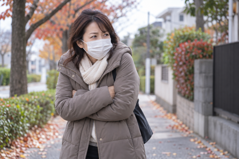 寒い屋外でマスクを着け、腕を組んで肩をすくめている女性のイメージ