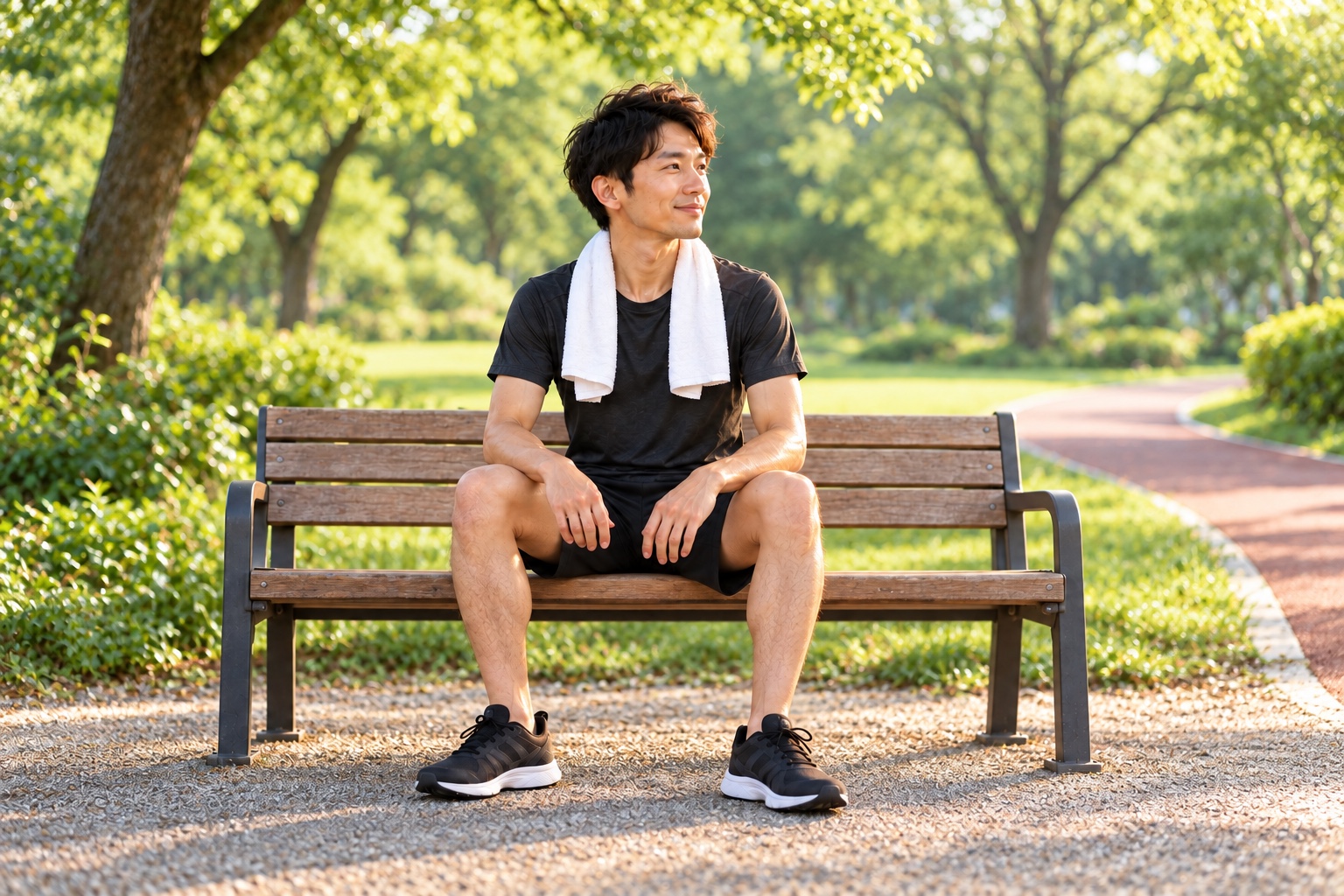 スポーツを終え、肩にタオルをかけてベンチでひと息つく男性