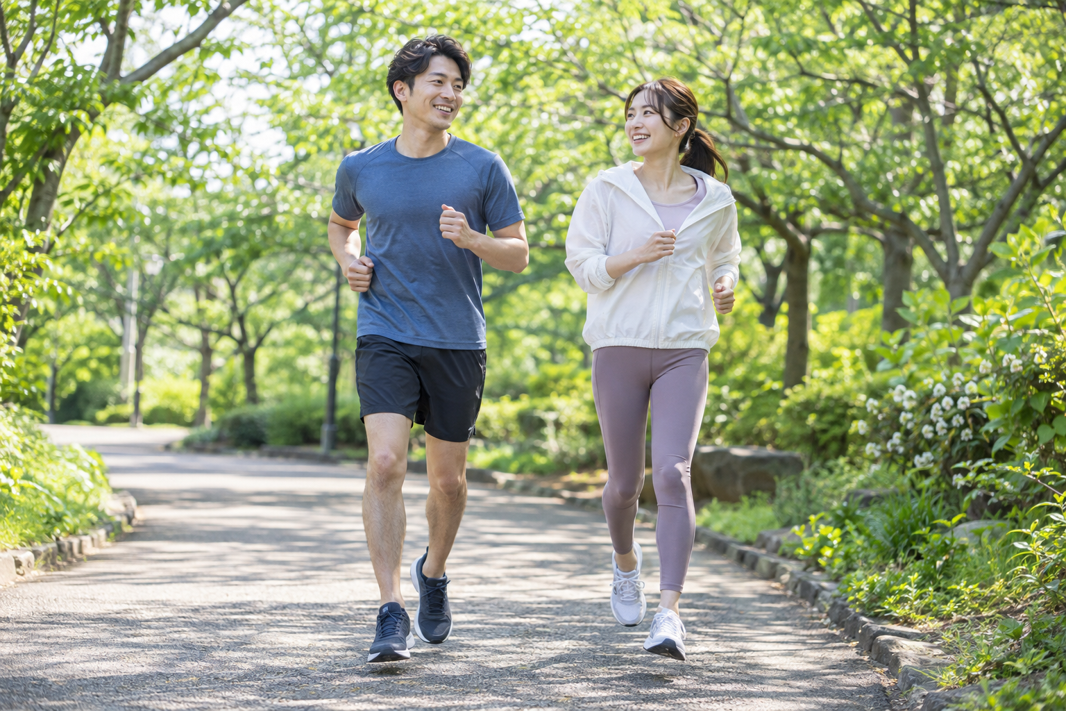 公園を笑顔でランニングする若いカップルのイメージ