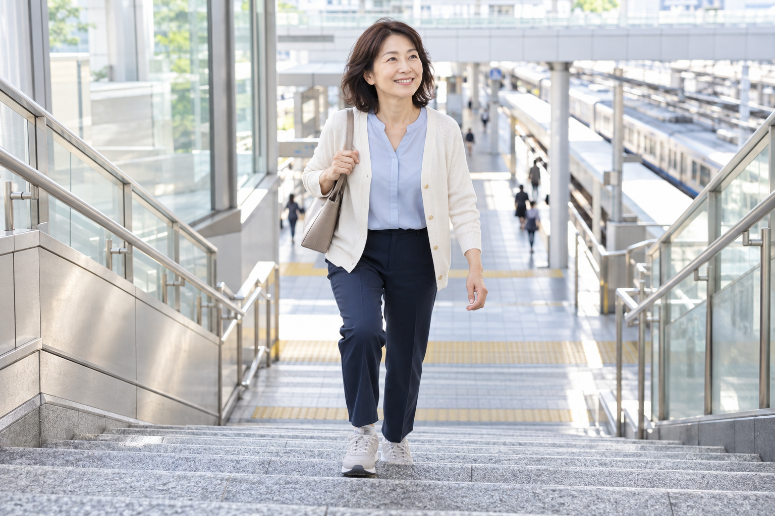 駅の階段を笑顔で上がる中年女性のイメージ