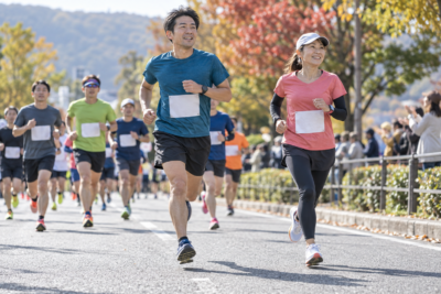 秋のマラソン大会で、集団の中を走る男女の市民ランナーのイメージ