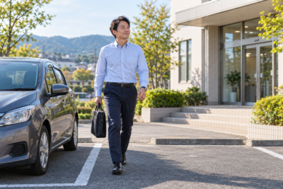 車通勤で職場へ向かう男性。朝メンテナンスを表すAI生成画像