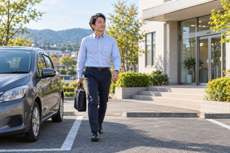 車通勤で職場へ向かう男性。朝メンテナンスを表すAI生成画像