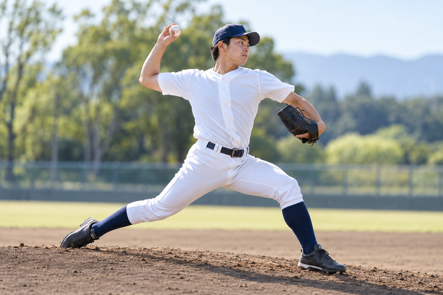 野球場で投球する選手。スポーツと身体の動きを表現したAI生成画像