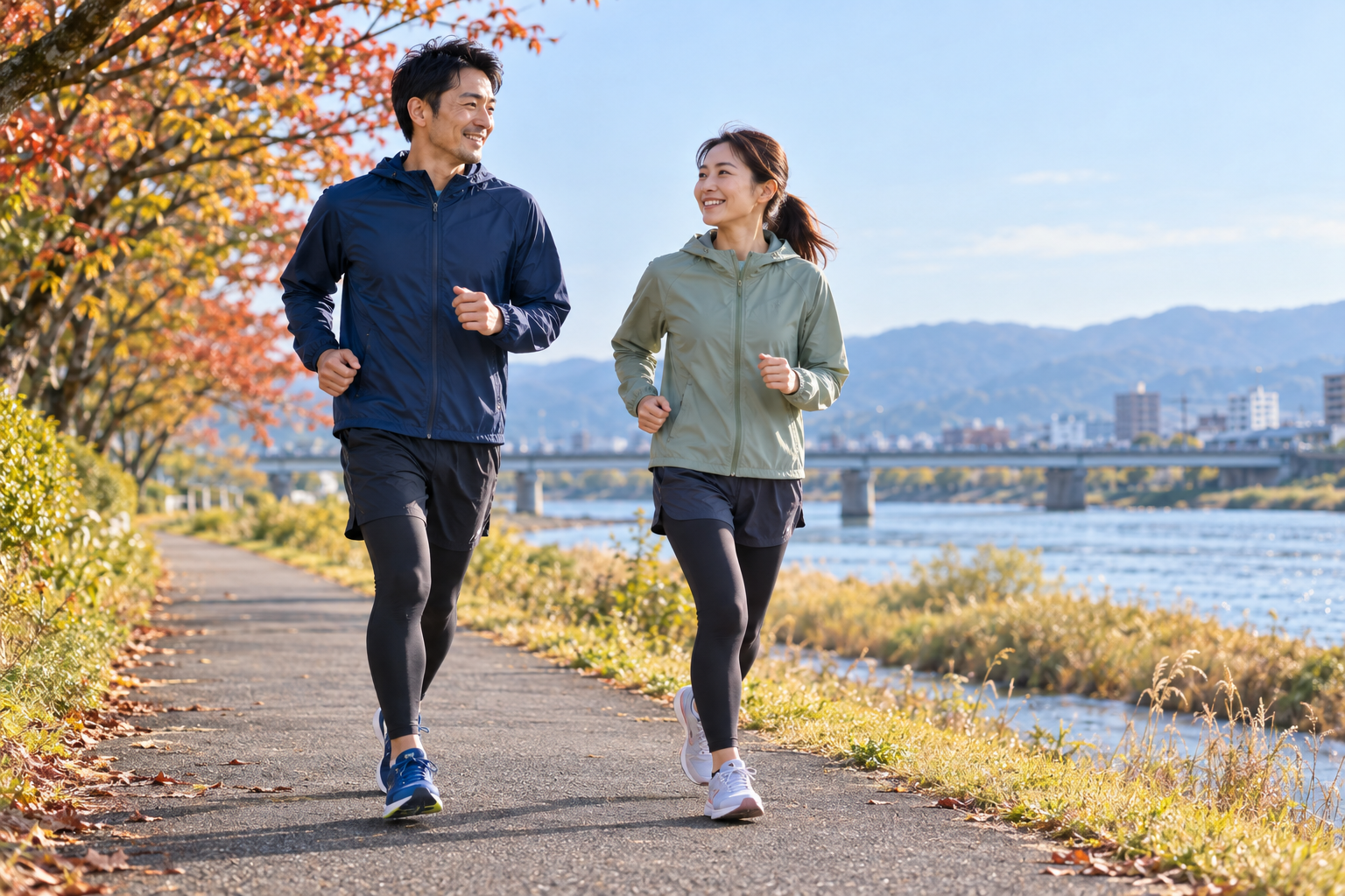 秋の川沿いを心地よくランニングする男女。マラソンシーズンの身体のメンテナンスを表すAI生成画像